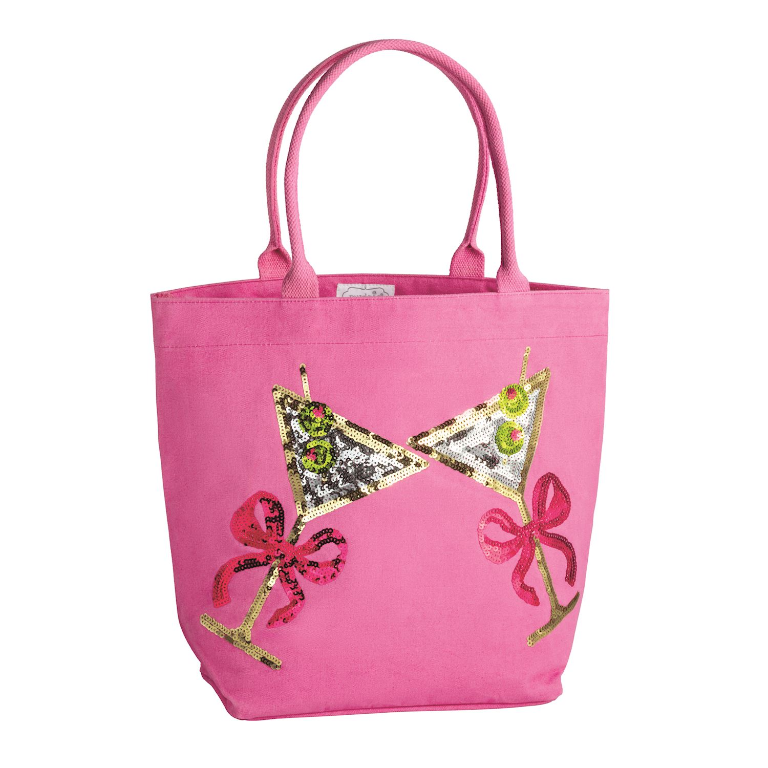 Pink cotton canvas tote bag featuring two sequined martini glasses with pink bows.