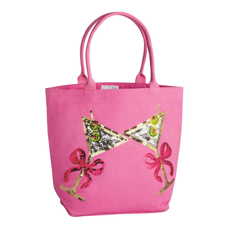 Pink cotton canvas tote bag featuring two sequined martini glasses with pink bows.