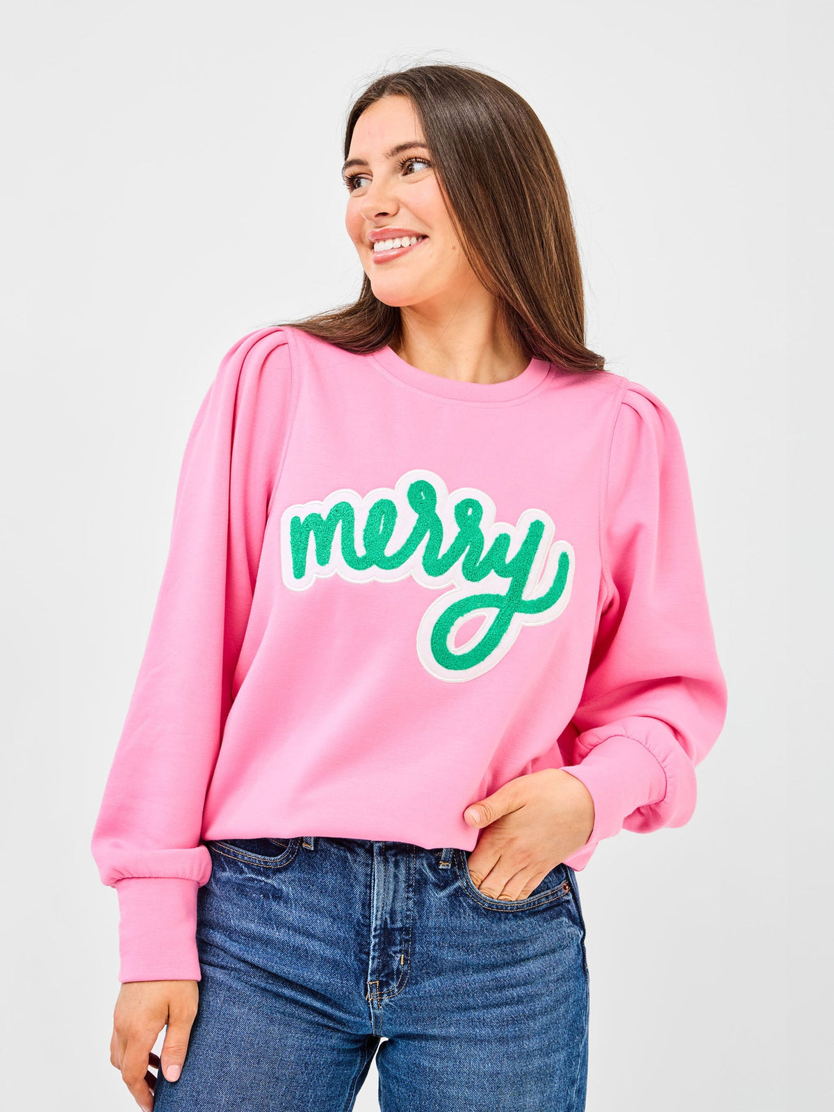 Relaxed fit Kelly sweatshirt in Merry boucle with glitter applique and pintuck shoulders.