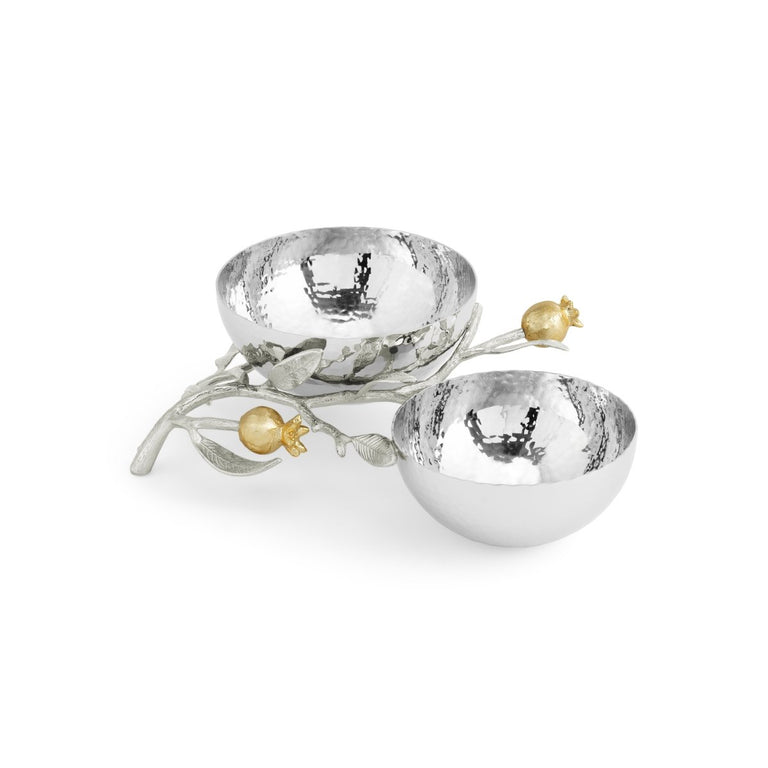 Pomegranate Silver & Gold Double Bowl with hammered stainless steel and 24K goldplate accents.