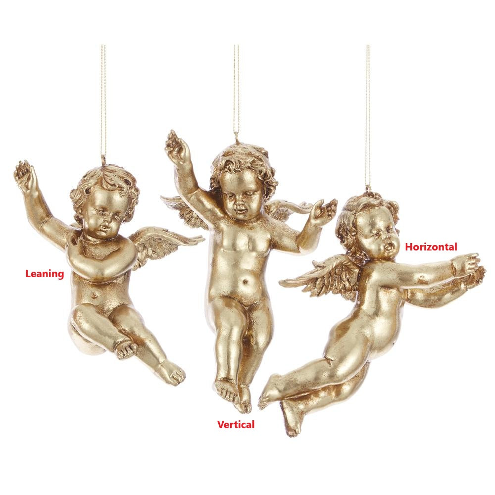 Gold cherub ornaments in three poses: leaning, vertical, and horizontal, with wings and gold string.