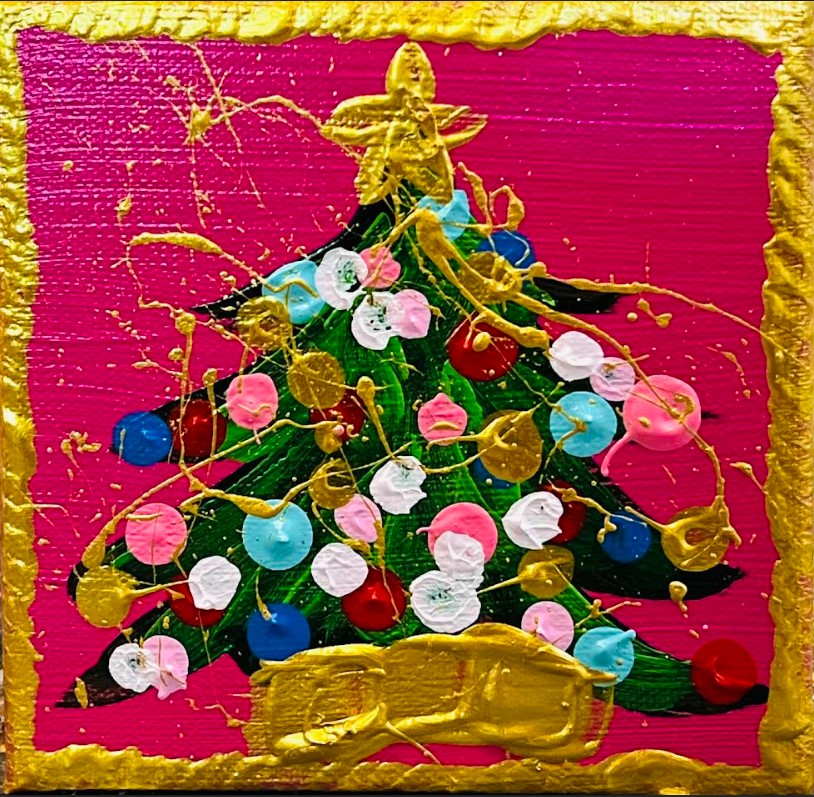 Abstract painting of a Christmas tree with pink, blue, and white ornaments on a hot pink background with gold accents.
