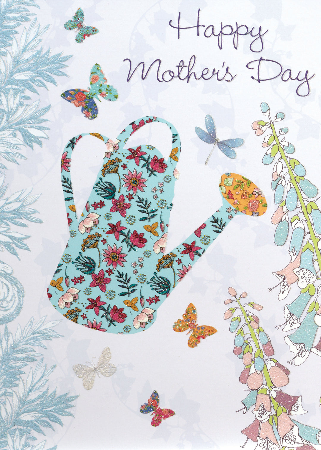 Flower print greeting card featuring a watering can illustration with botanical patterns.