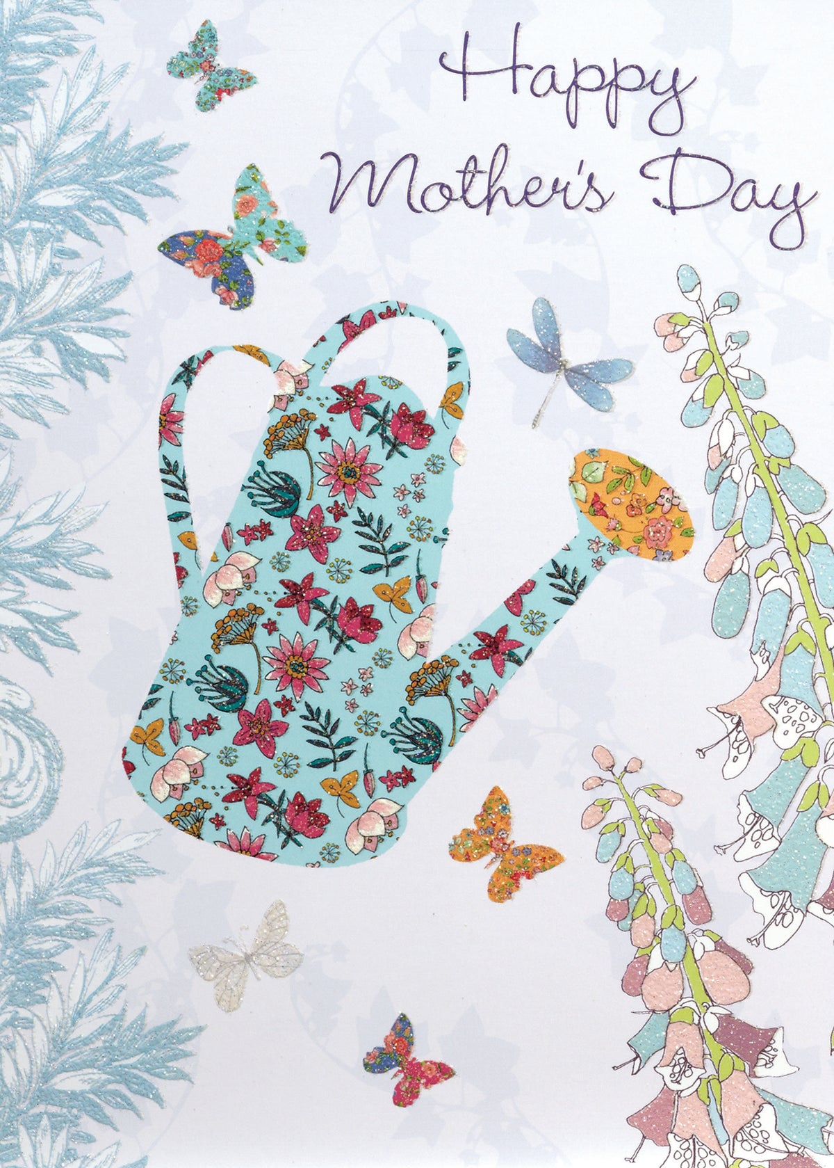 Flower print greeting card featuring a watering can illustration with botanical patterns.