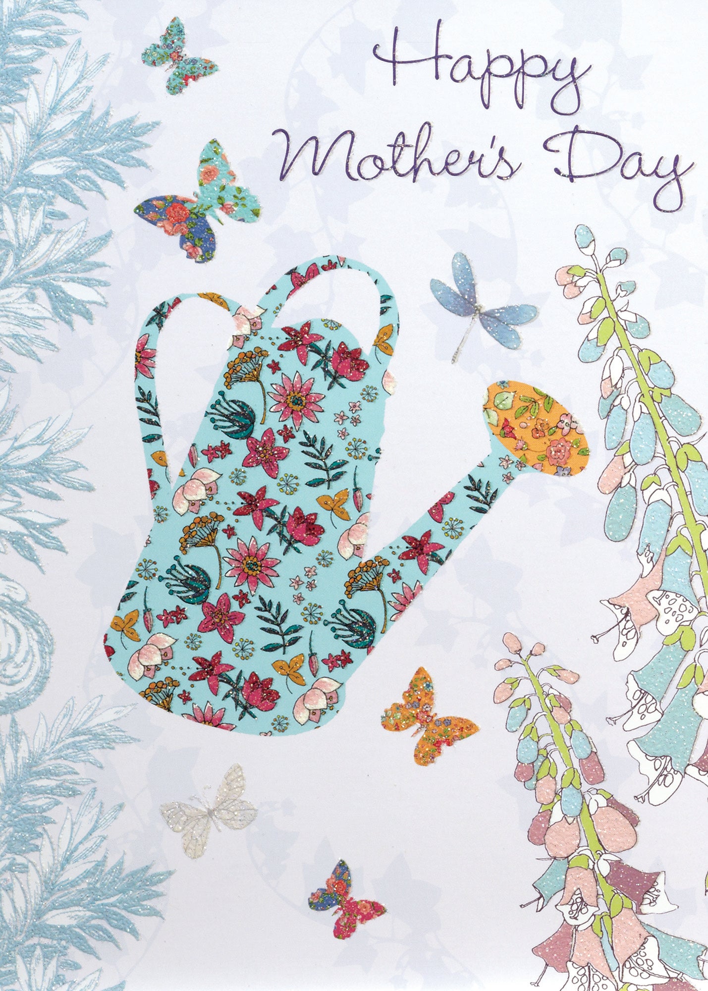 Flower print greeting card featuring a watering can illustration with botanical patterns.