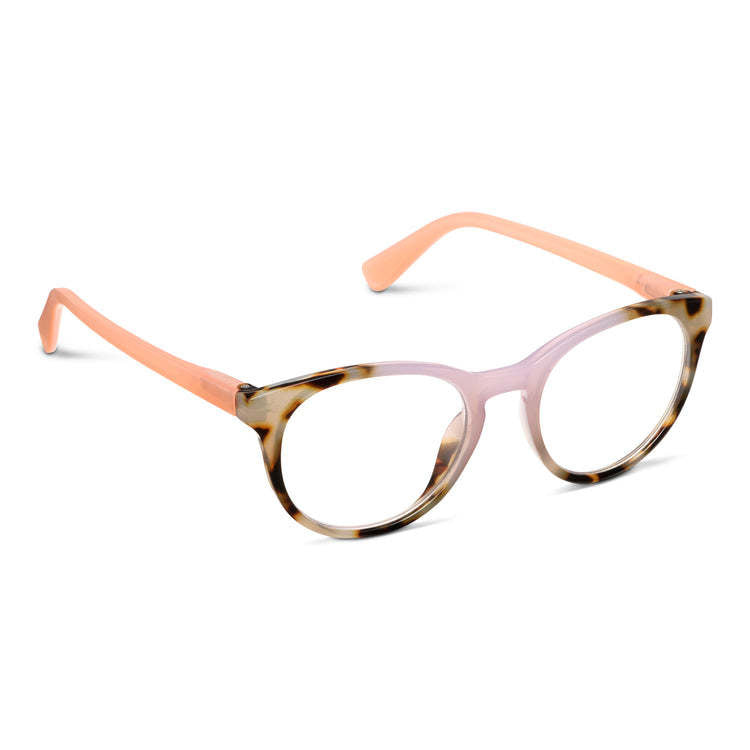 Ember eyeglasses in chai tortoise pink round frames with blue light focus lenses.