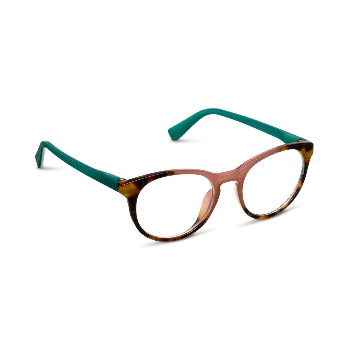 Ember eyeglasses in tortoise shell frames with rose-tinted lenses and round silhouette.
