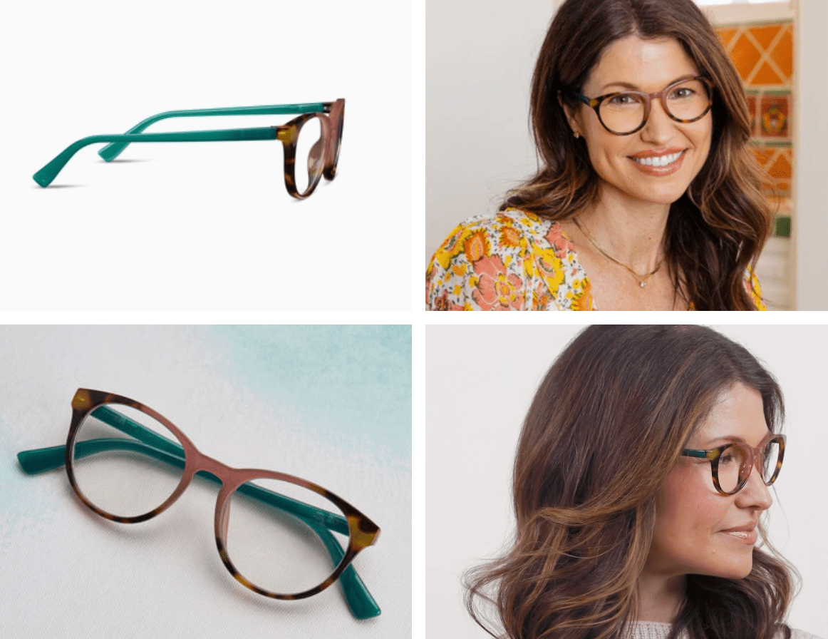 Ember eyeglasses in tortoise shell frames with rose gold accents on the temples.