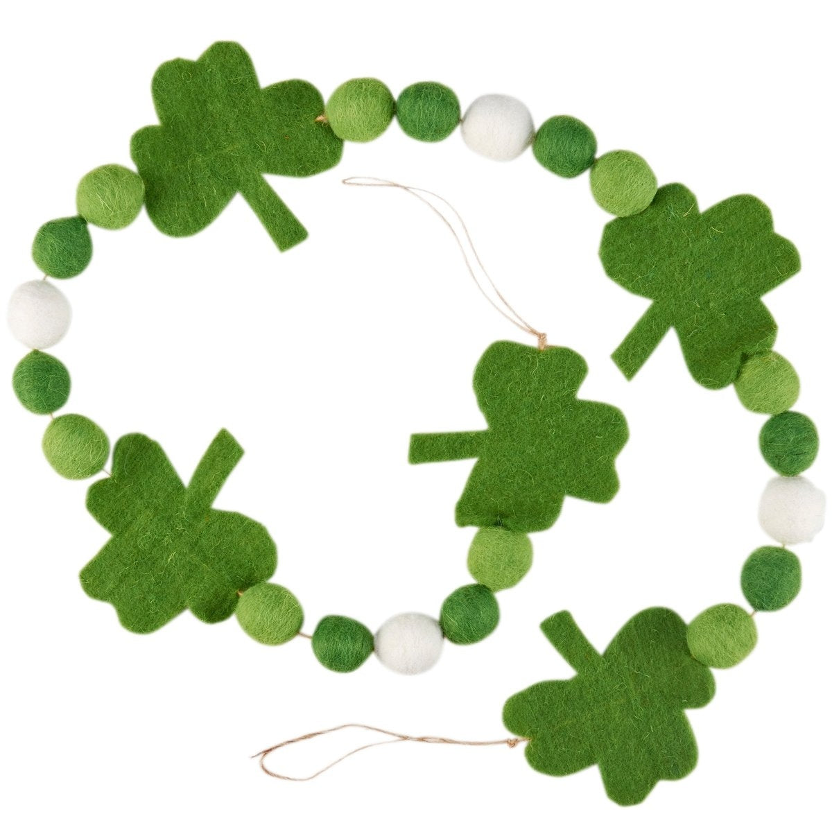 Green wool shamrock garland with foam accents on a string loop
