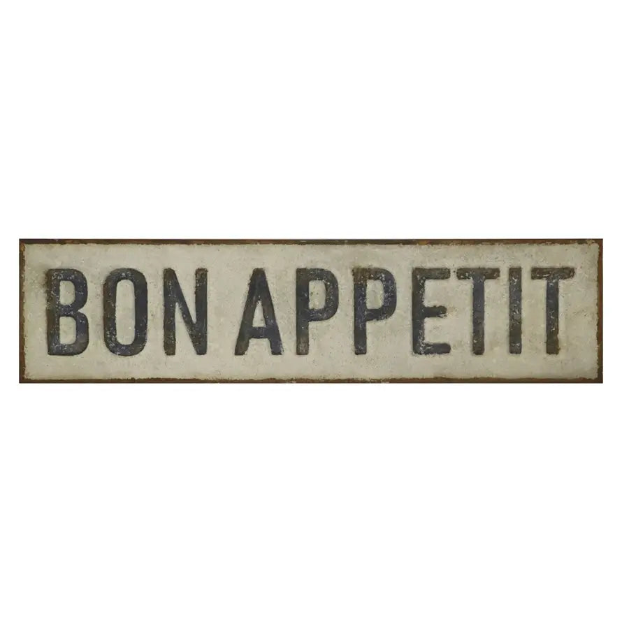 Rectangular distressed metal wall décor featuring embossed 'Bon Appetit' text in a vintage font.