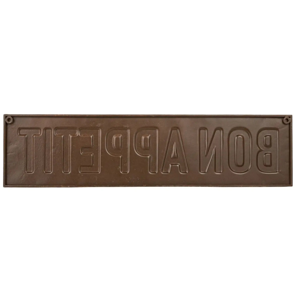 Rectangular distressed metal wall décor featuring embossed 'Bon Appetit' text in a rustic finish.
