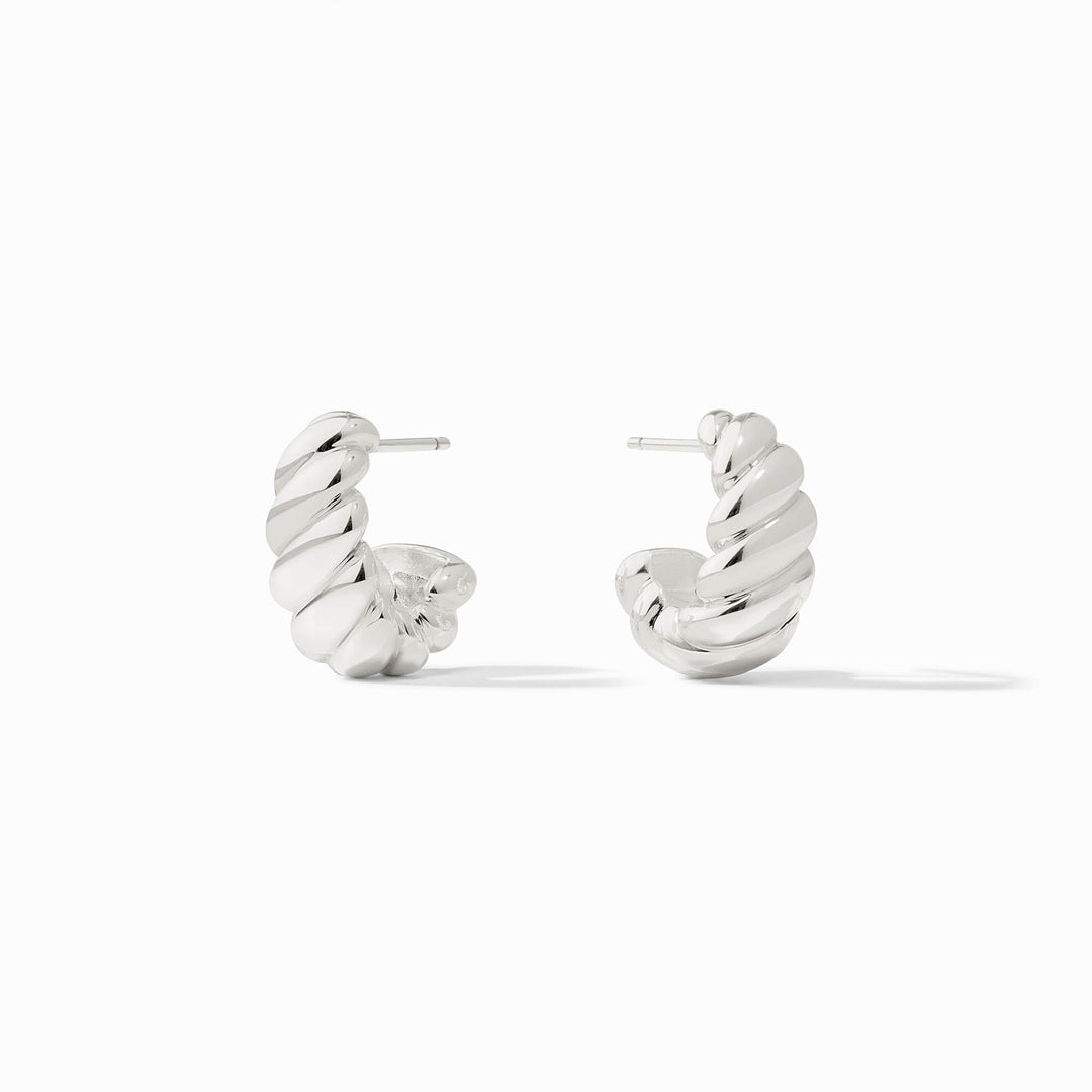 A pair of silver Ravello Statement Hoop earrings with a thick, twisted croissant-style design.