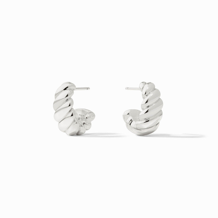 A pair of silver Ravello Statement Hoop earrings with a thick, twisted croissant-style design.
