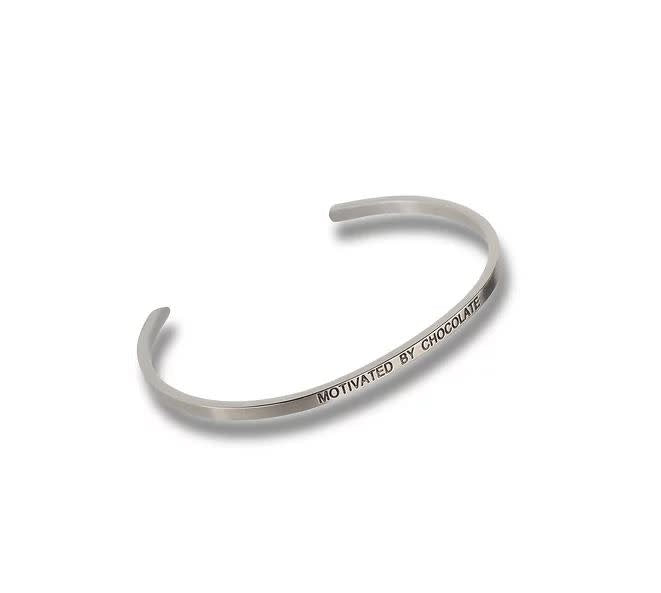 Silver Embracelets bracelet featuring a chocolate-colored motivational phrase on the band.