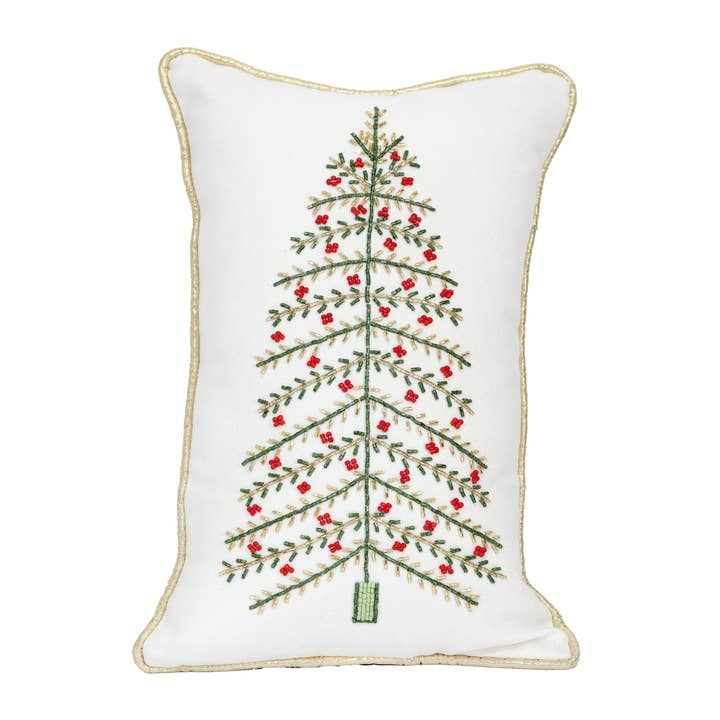 Green embroidered pine tree pillow with red berries and gold piping