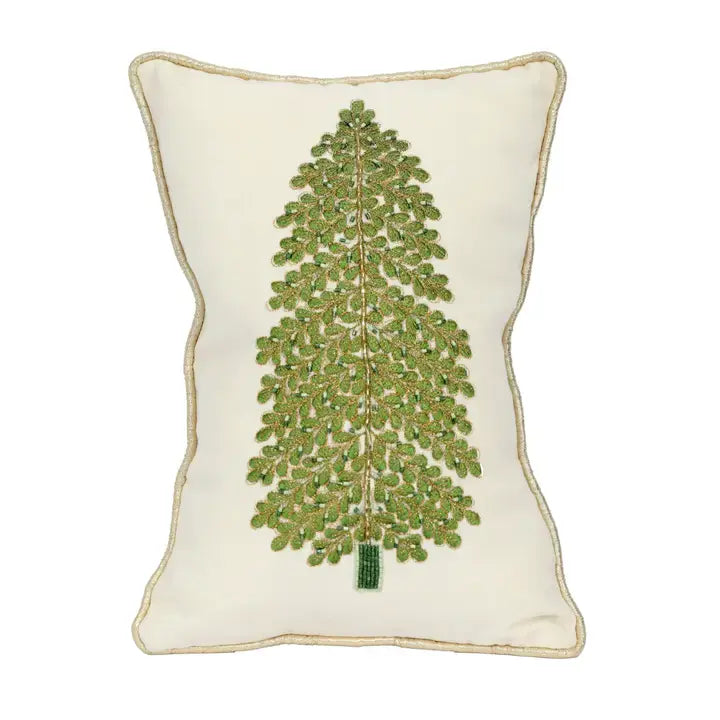Embroidered pine Christmas tree pillow in shimmering green and gold threads with gold piping.