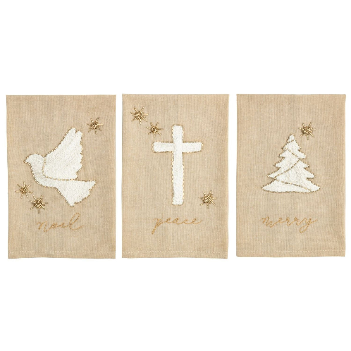 Gold lurex embroidered cotton hand towel with beaded icon detail.