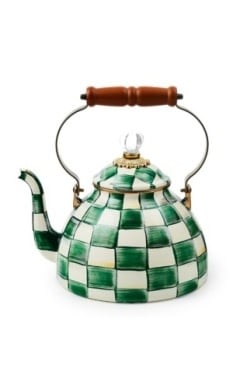 3 quart tea kettle with emerald checkered hand-painted pattern on steel body and wood handle.