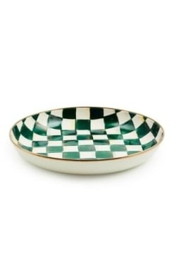 Hand-glazed steel abundant bowl with emerald checkered pattern on bronzed stainless rim