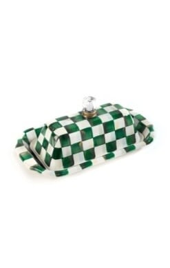 Hand-glazed steel butter box with emerald check pattern, brass accents, glass lid, and rectangular silhouette.