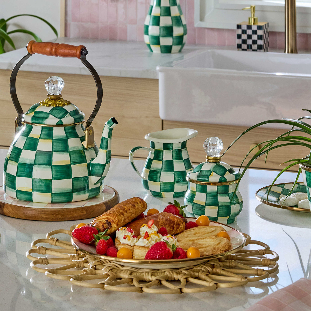 Hand-glazed steel creamer with hand-painted emerald check pattern on a cylindrical silhouette.