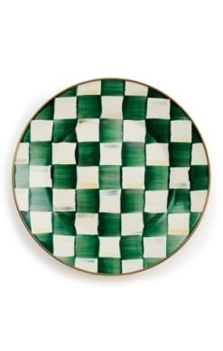 Emerald Check dinner plate with hand-painted emerald green pattern on steel base and bronzed stainless rim.