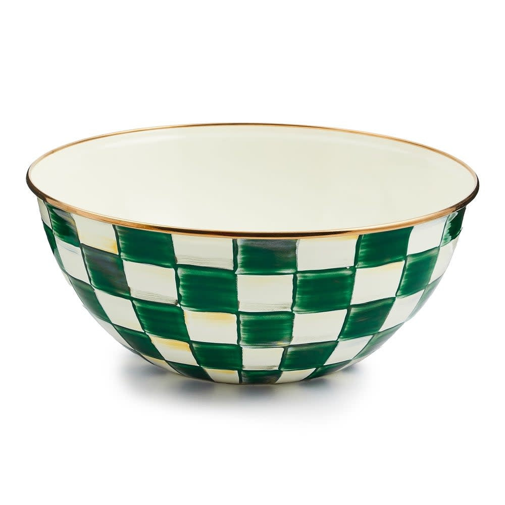 Emerald check enamel everyday bowl with green painted patterns on steel body.