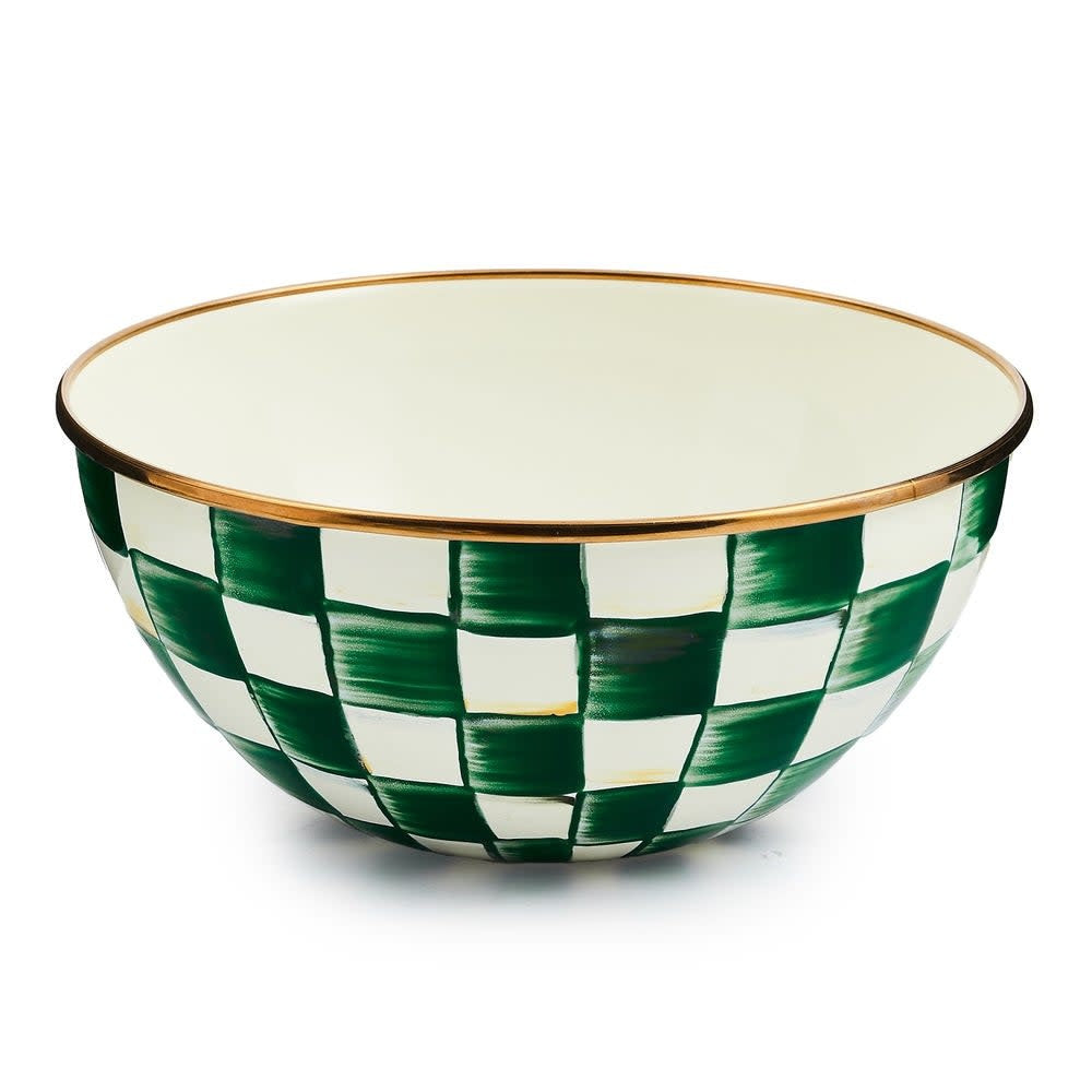 Emerald check enamel everyday bowl with hand-painted green checks on steel body
