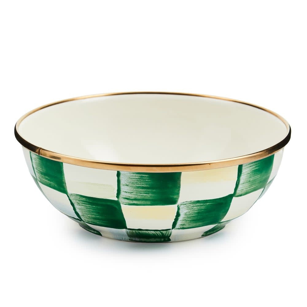 Hand-glazed steel everyday bowl with green checkered hand-painted pattern over a bronzed stainless rim.
