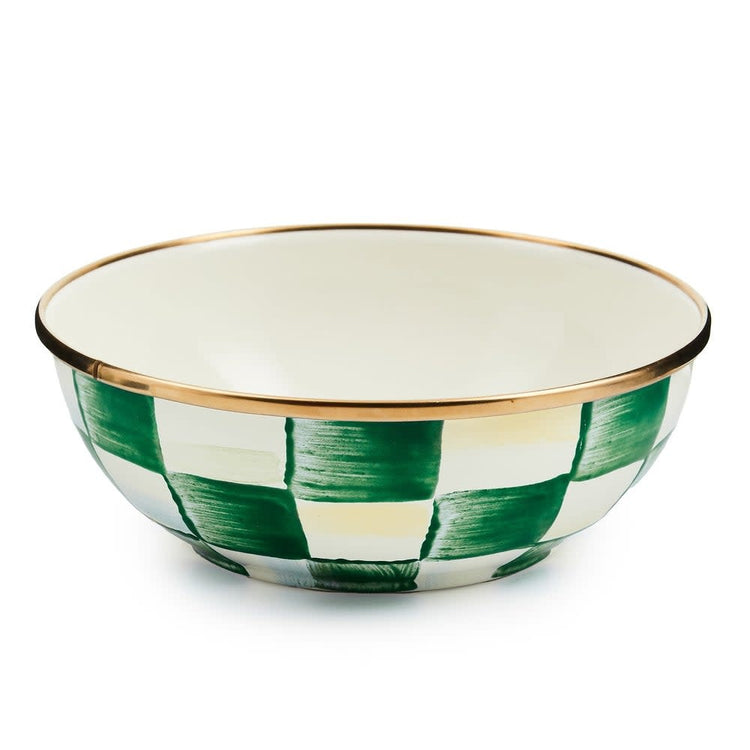 Hand-glazed steel everyday bowl with green checkered hand-painted pattern over a bronzed stainless rim.