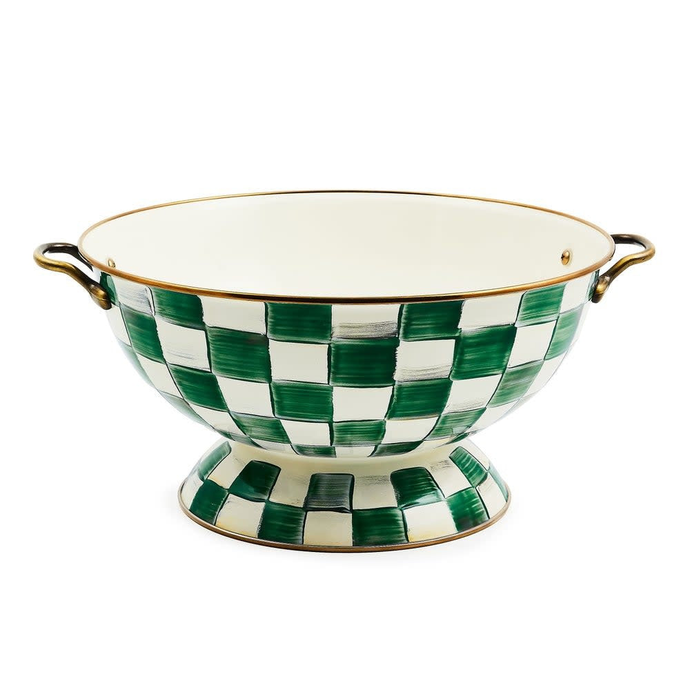 Hand-glazed steel everything bowl with emerald checkered pattern, bronzed stainless rim, and antiqued brass handles.