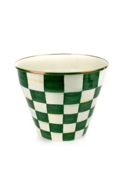 Extra large garden pot with hand-painted emerald check pattern on steel body and bronzed stainless rim.