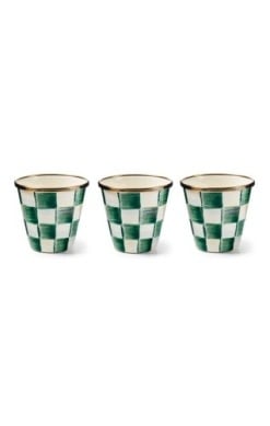 Hand-glazed steel herb pot with emerald checkered pattern and bronzed stainless steel rim