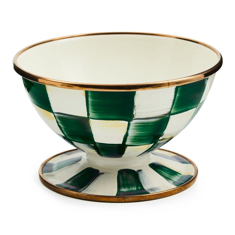 Hand-painted emerald green check ice cream dish with bronzed stainless steel rim and pedestal base.