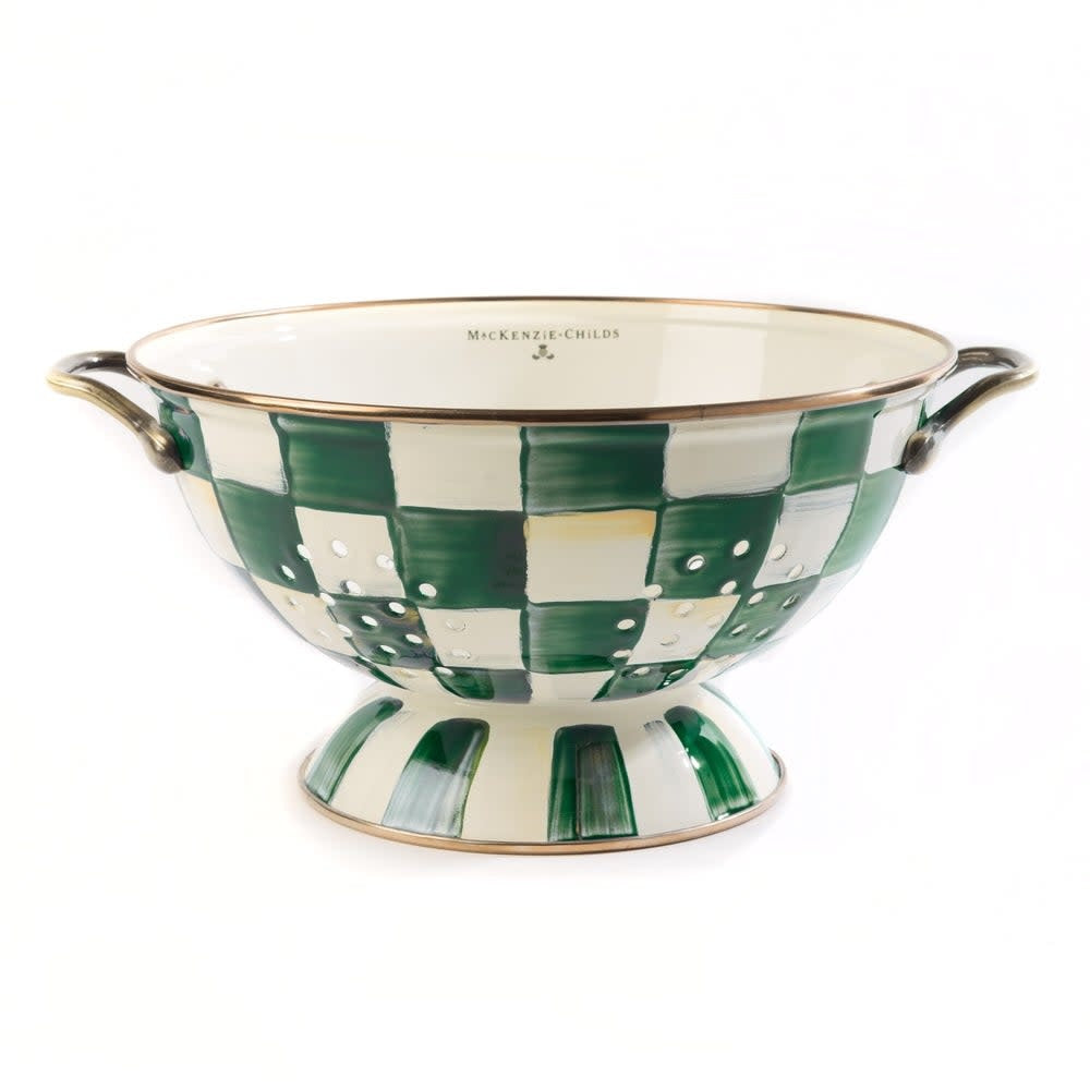 Hand-painted emerald check large colander with antiqued brass handles and bronzed stainless steel rim.