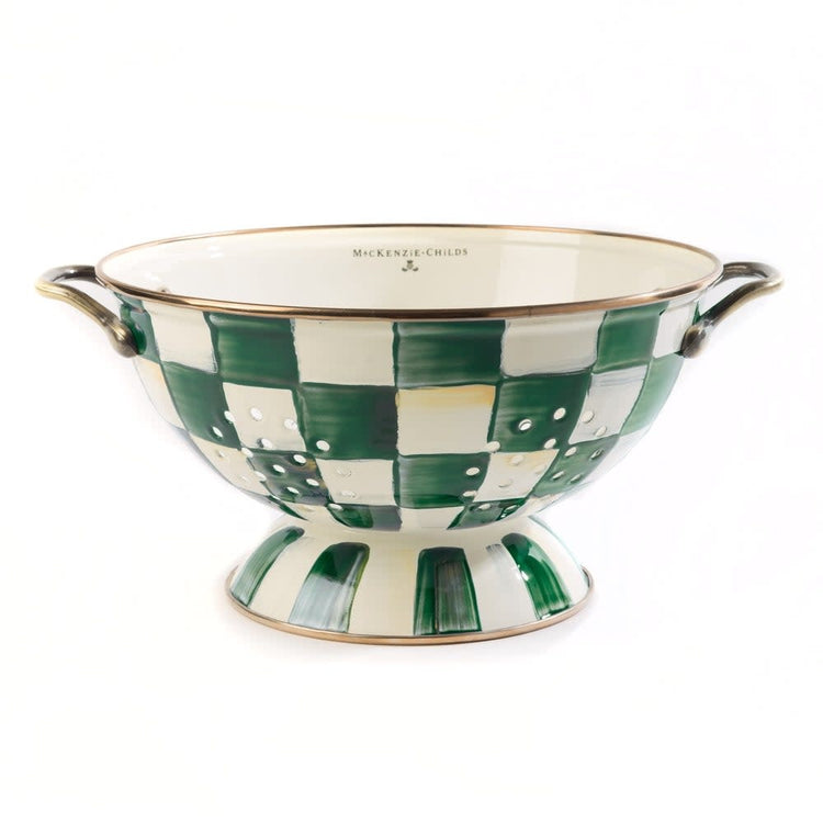 Hand-painted emerald check large colander with antiqued brass handles and bronzed stainless steel rim.