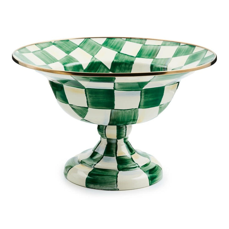 Large steel compote with hand-painted emerald check pattern on a bronzed stainless rim.