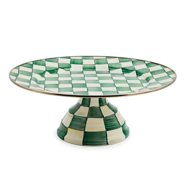 Large pedestal platter with hand-painted emerald check pattern on steel base and bronzed stainless rim.