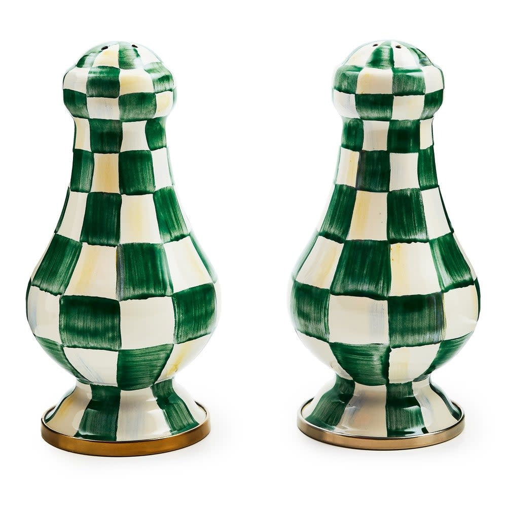 Large salt and pepper shakers with hand-painted emerald check pattern on heavy-gauge steel.