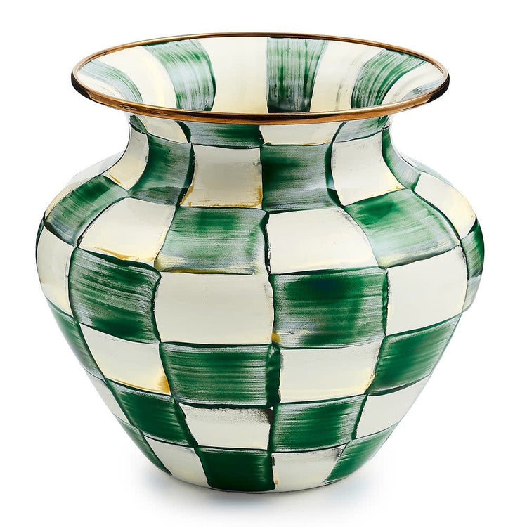 Large hand-glazed steel vase with emerald checkered pattern and bronzed stainless rim