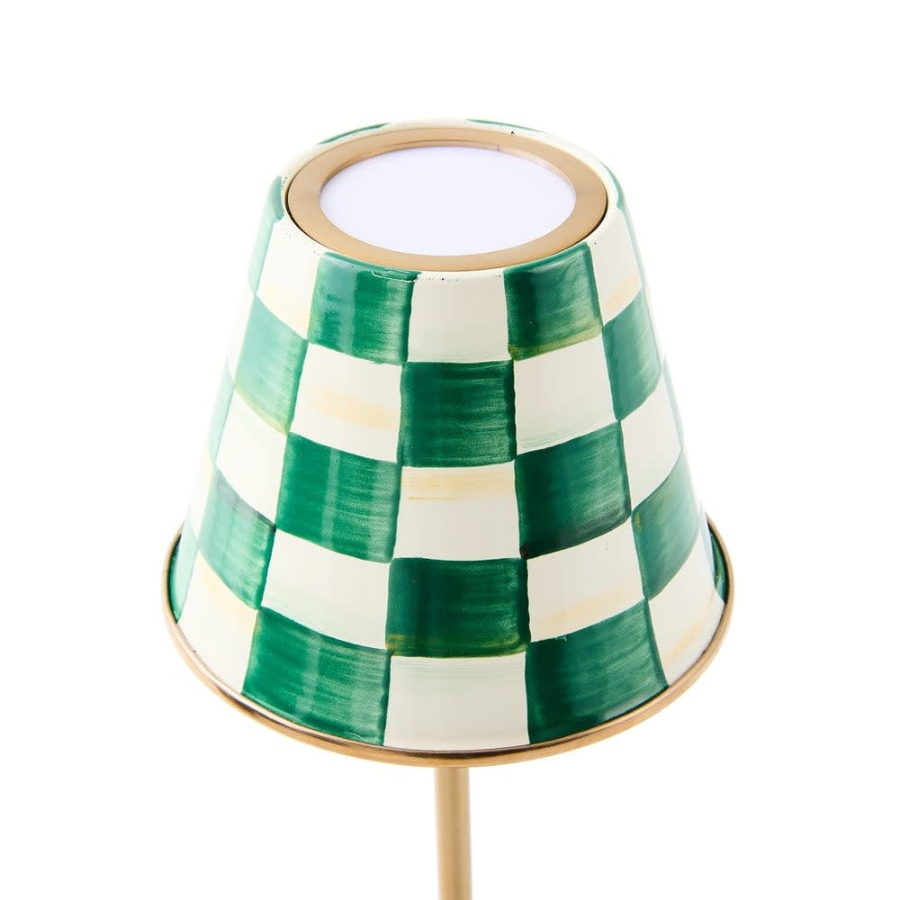 Emerald green checkered mild steel table lamp with hand-painted enamel shade on a cylindrical base.