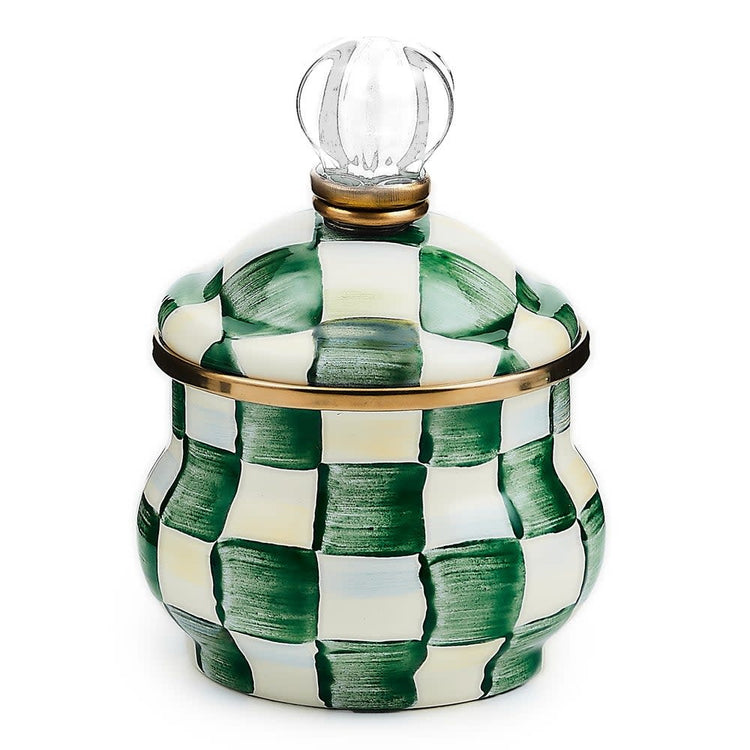 Emerald check enamel sugar bowl with glass lid