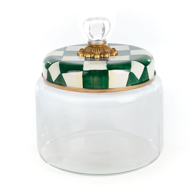 Emerald check glass kitchen canister with bronzed stainless steel lid rimmed in brass accents