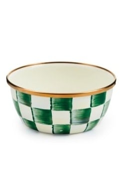 Hand-glazed steel pinch bowl with hand-painted emerald green check pattern.