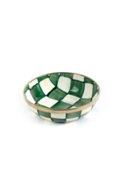 Hand-glazed steel relish dish with emerald checkered pattern and bronzed stainless rim