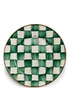 Hand-painted emerald check salad plate with bronzed stainless steel rim on heavy-gauge steel.