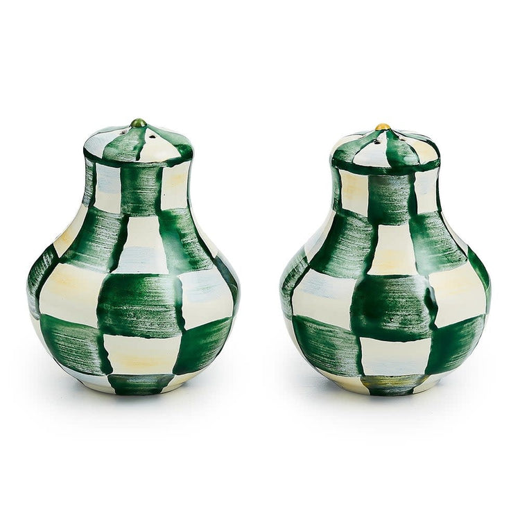 Hand-glazed steel salt and pepper shakers with green emerald check pattern on heavy-gauge bodies.