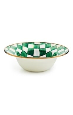 Hand-painted emerald check serving bowl with bronzed stainless steel rim on heavy-gauge steel base