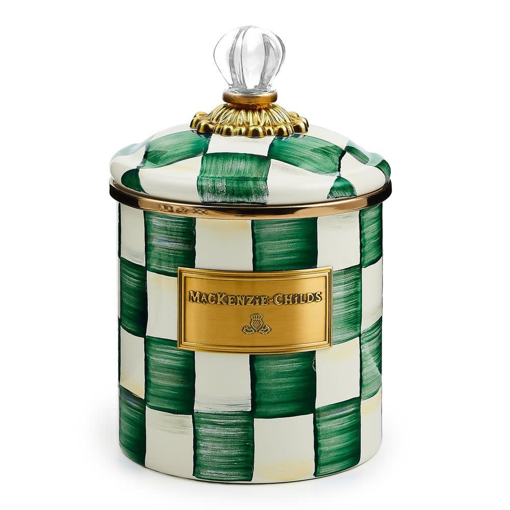 Small hand-glazed steel canister with emerald checkered pattern, bronzed stainless rim, brass and glass accents.