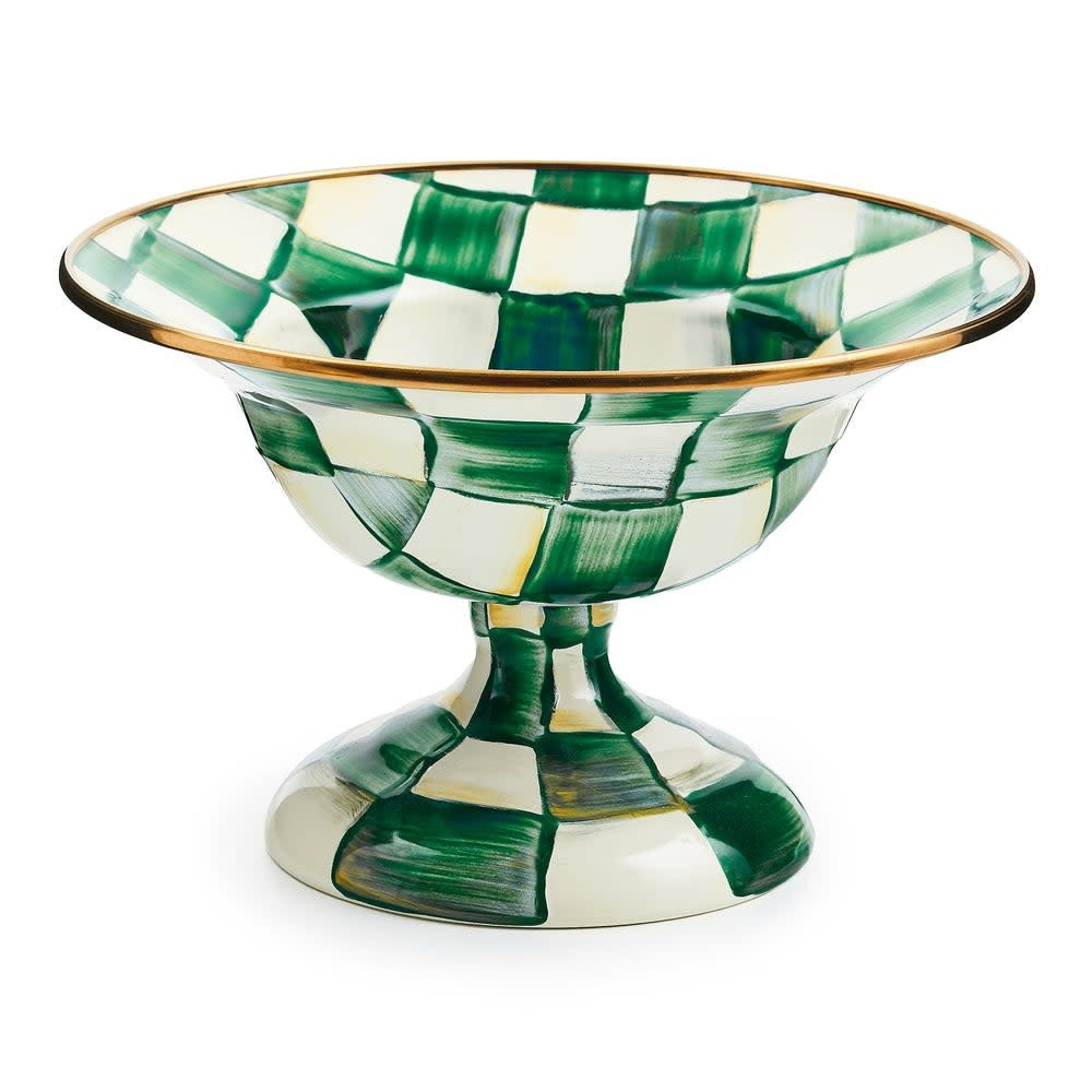 Small steel compote with hand-painted emerald check pattern on a bronzed rim.